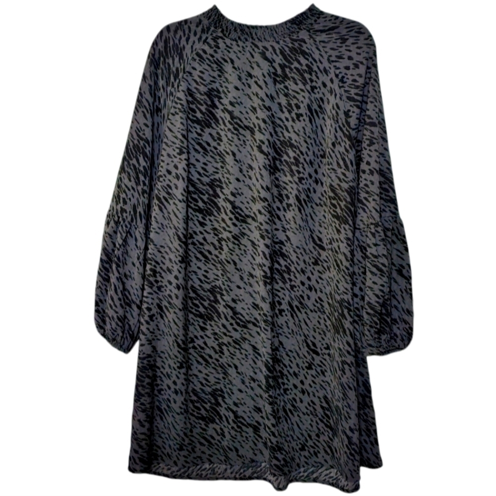 Addition Elle Black Grey Animal Print Long Sleeve Tent Dress Smocked Mockneck 1X